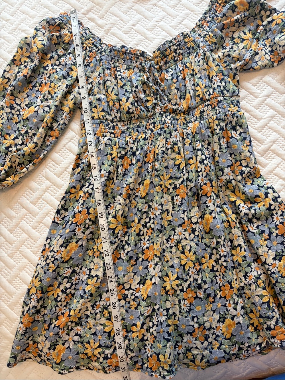 American Eagle Outfitters | Blue and Orange Floral Smocked Fall Mini Dress - Picture 9 of 9
